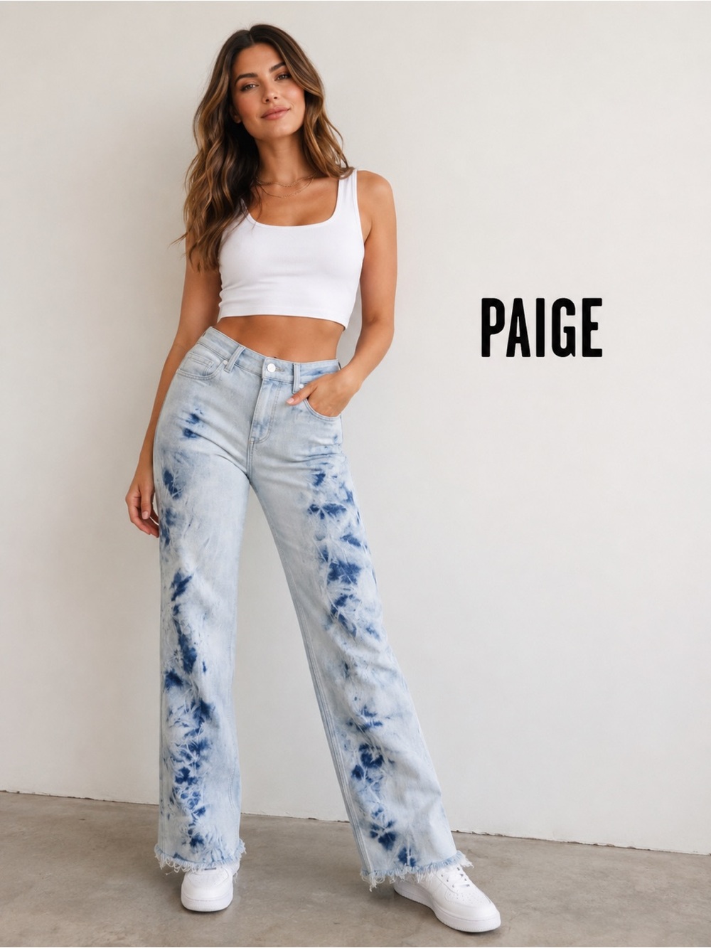 PAIGE Light Blue and Navy Tie-Dye Wide Leg Jeans